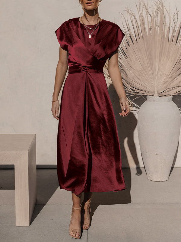 Solid Color Split-Joint Tied Waist Loose Short Sleeves Round-neck Midi Dresses