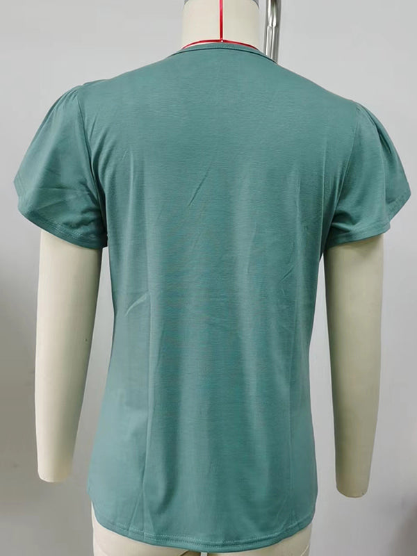 Applique Loose Short Sleeves V-Neck T-Shirts Tops