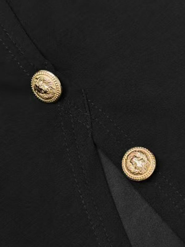 Buttoned Split-side Loose Puff Sleeves Mock Neck Maxi Dresses