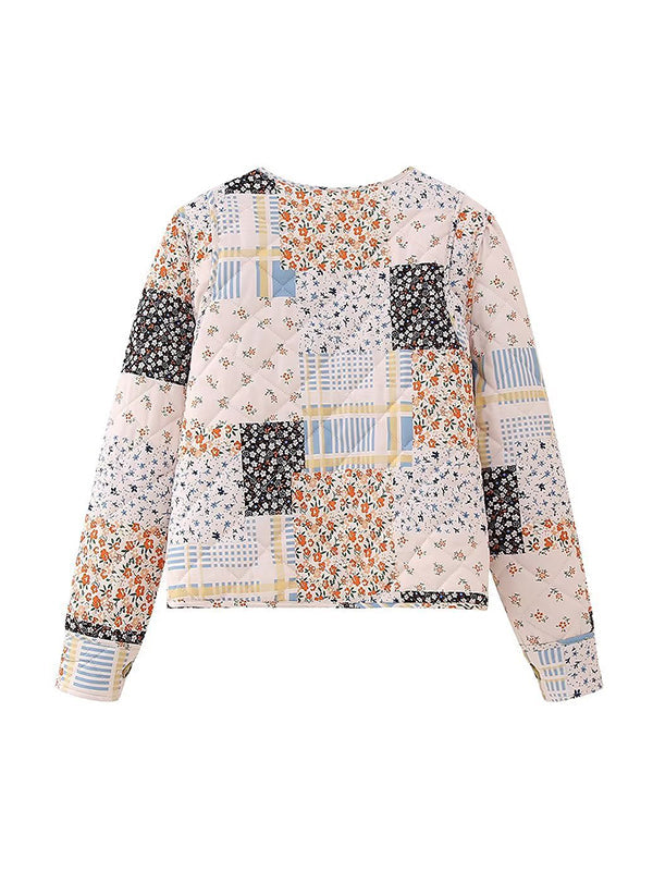Buttoned Flower Print Pleated Pockets Quilted Split-Joint Long Sleeves Loose Round-Neck Padded Coat