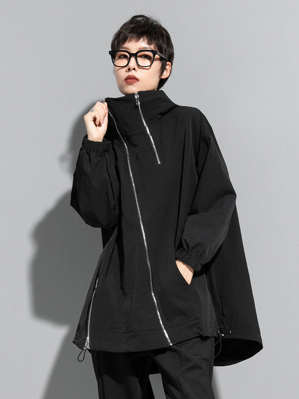 Irregularity Loose Solid Color Zipper Hooded Outerwear