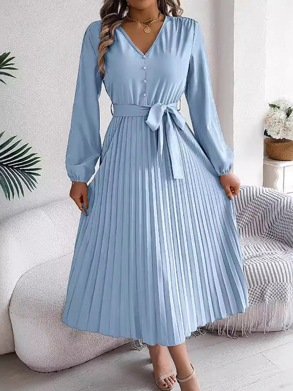 Belted Buttoned Pleated Solid Color High Waisted Long Sleeves V-Neck Maxi Dresses