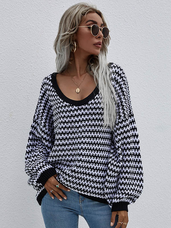 Original Loose Striped 8 Colors V-Neck Long Sleeves Sweater Top