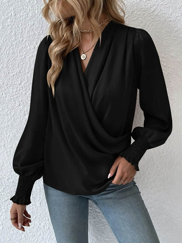 Elasticity Solid Color Long Sleeves Loose V-Neck Blouses&Shirts Tops