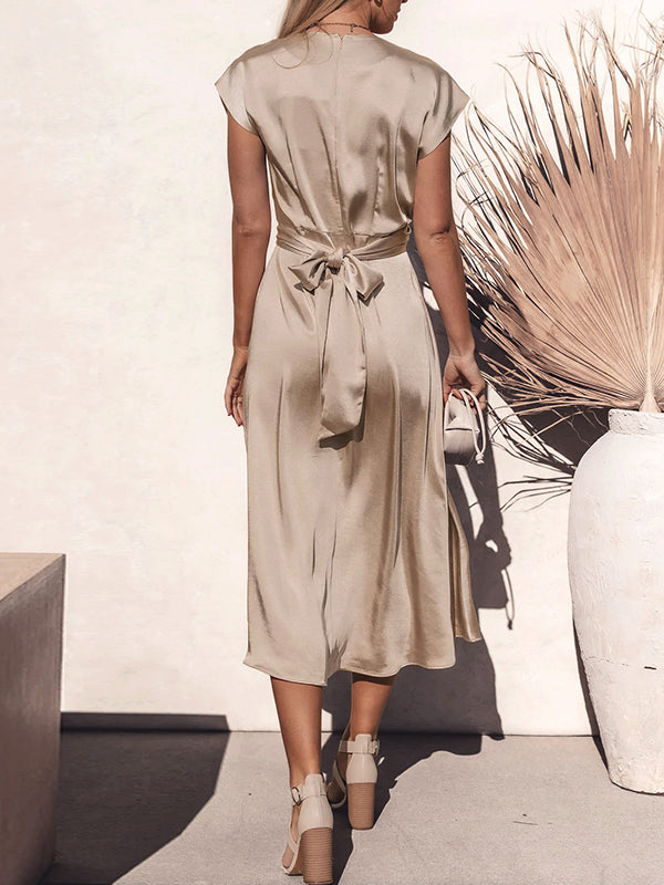 Solid Color Split-Joint Tied Waist Loose Short Sleeves Round-neck Midi Dresses