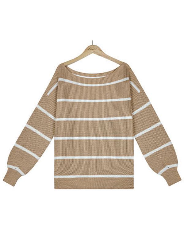 Long Sleeves Striped Off-The-Shoulder Sweater Tops