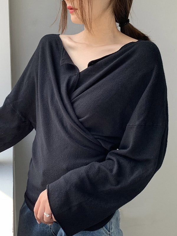 Buttoned Solid Color Long Sleeves Loose V-Neck Cardigan Tops