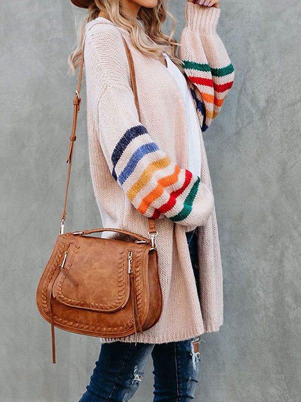 Colorful Contrast Color Striped Long Sleeves Loose Collarless Cardigan Tops