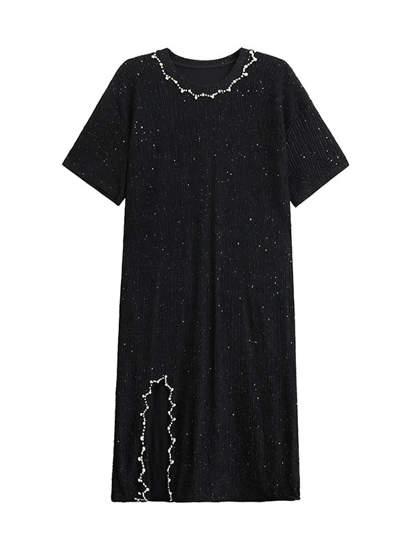 Asymmetric Beaded Shiny Split-Joint Loose Short Sleeves Round-neck Midi Dresses