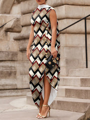 Asymmetric Printed Split-Joint Loose Sleeveless High Neck Maxi Dresses