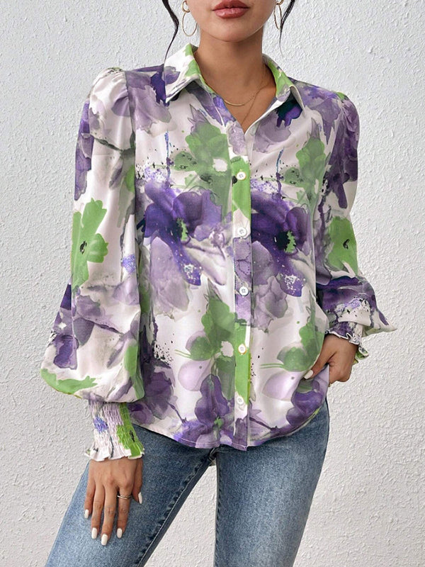 Buttoned Elasticity Flower Print Pleated Long Sleeves Loose Lapel Blouses&Shirts Tops