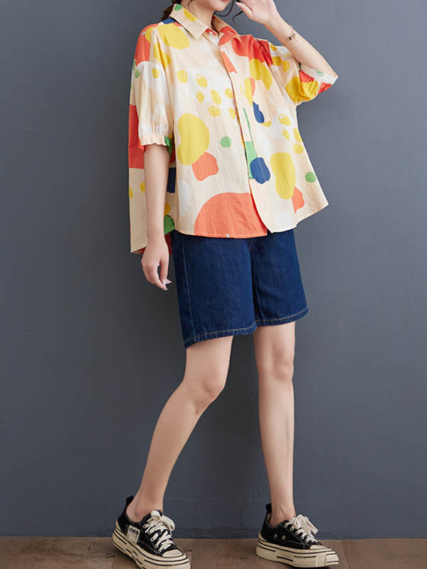 Contrast Color Polka-Dot High-Low Loose Lapel Blouses