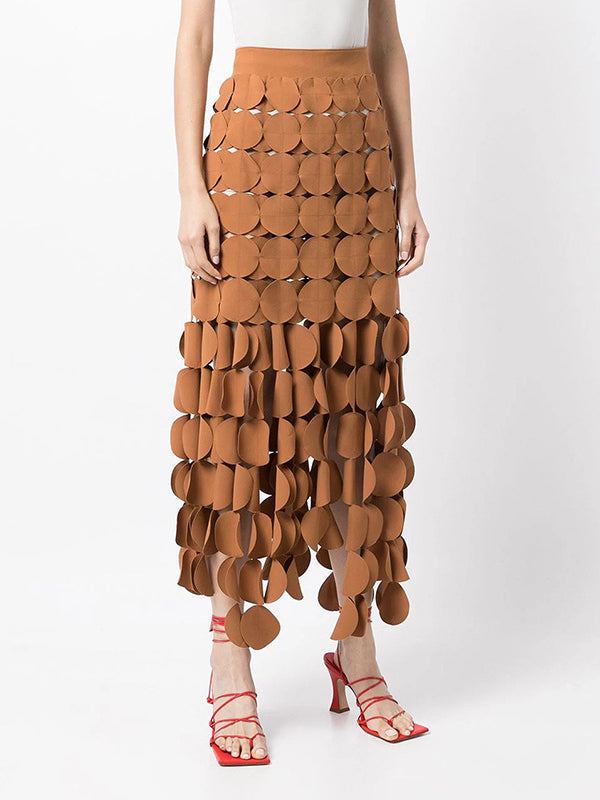 Hollow Polka-Dot Solid Color Tasseled High Waisted Loose Skirts Bottoms