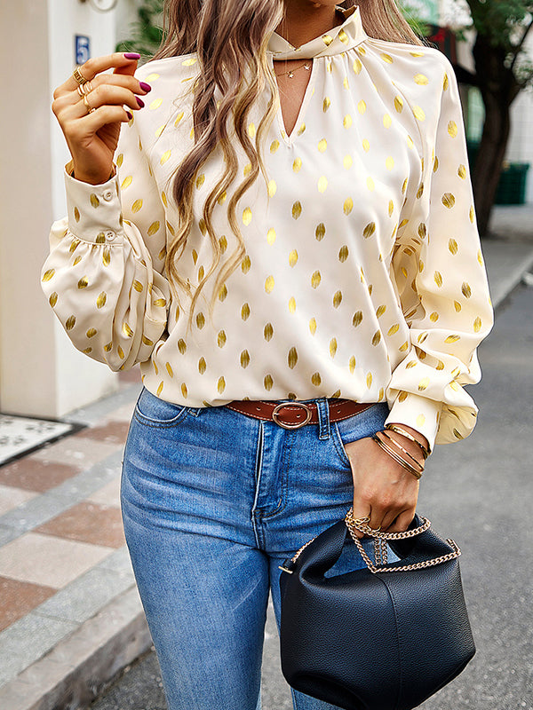 Bronzing Hollow Long Sleeves Loose Mock Neck Blouses&Shirts Tops