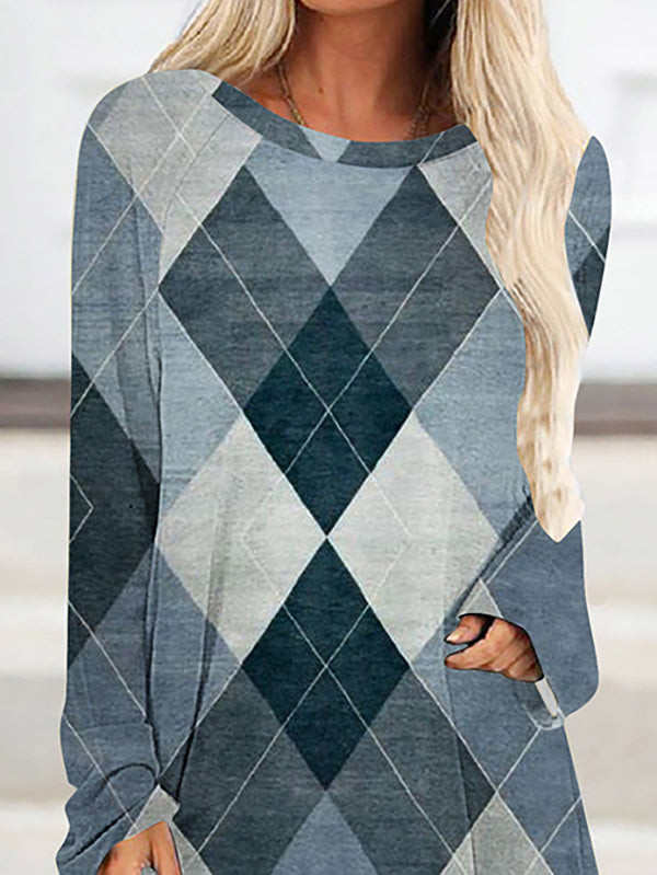 Plaid Printed High-low Long Sleeves Round-neck T-Shirts Tops