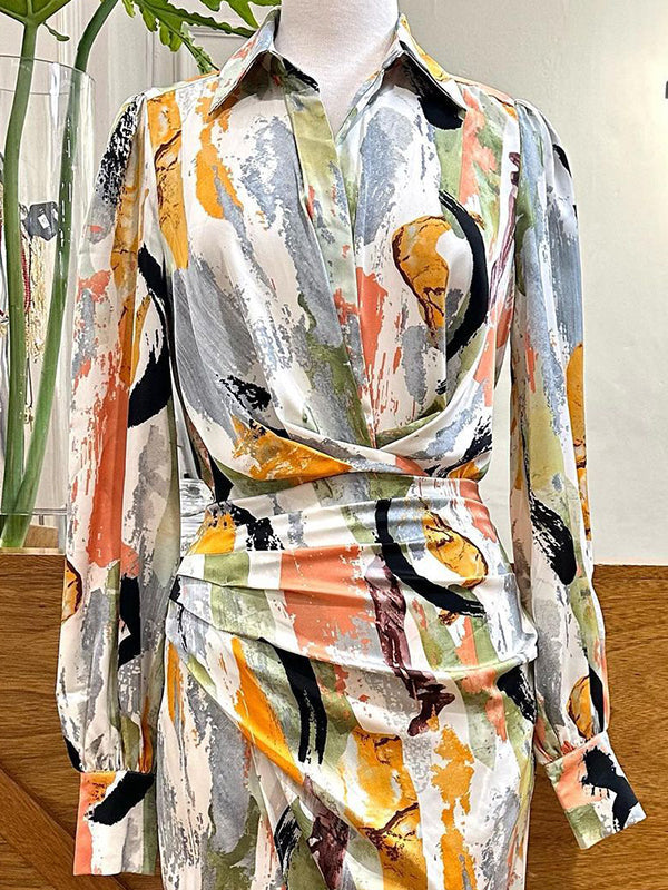 Asymmetric Pleated Printed Split-Joint High Waisted Long Sleeves Deep V-Neck Midi Dresses