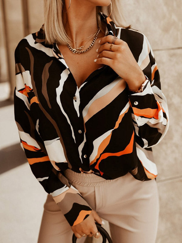 Buttoned Printed Long Sleeves Loose Lapel Blouses&Shirts Tops