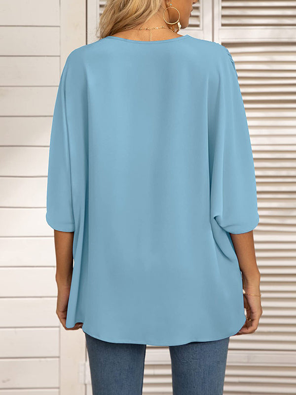 Split-Joint Batwing Sleeves Loose V-neck Blouses&shirts Tops