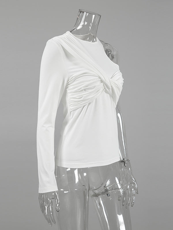 Asymmetric Knot Pleated Solid Color Long Sleeves Skinny Round-Neck T-Shirts Tops