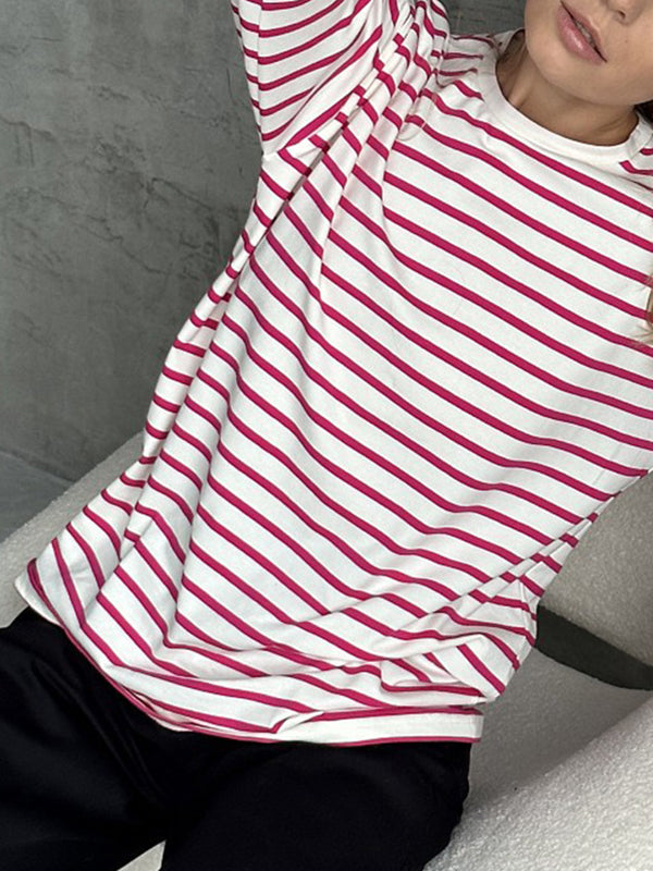Striped Long Sleeves Loose Round-Neck T-Shirts Tops