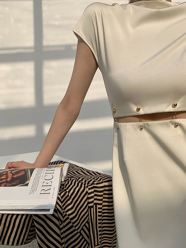 Detachable Hollow Split-Joint A-Line High Waisted Mock Neck Midi Dresses