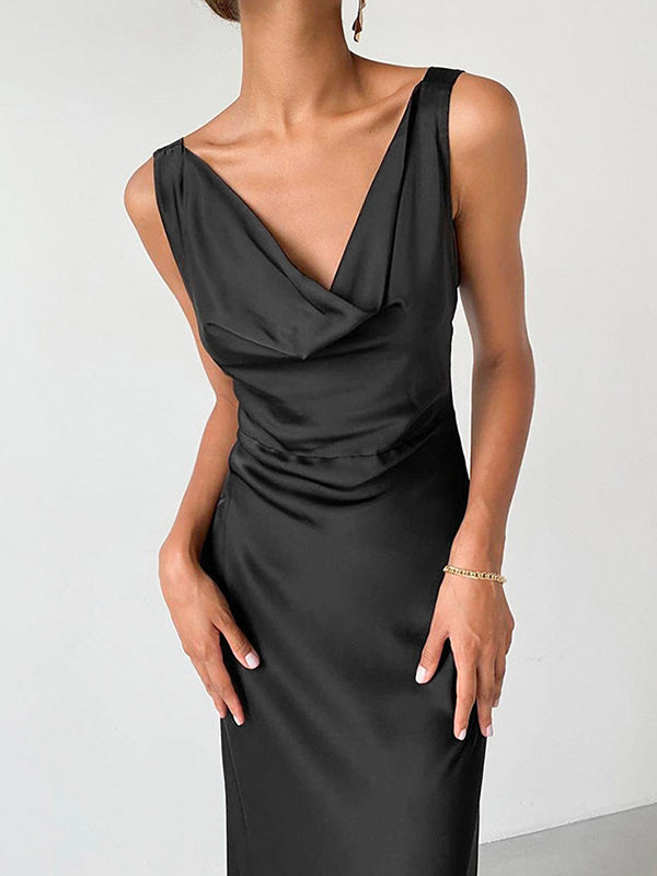Solid Color Bodycon High Waisted V-Neck Maxi Dresses
