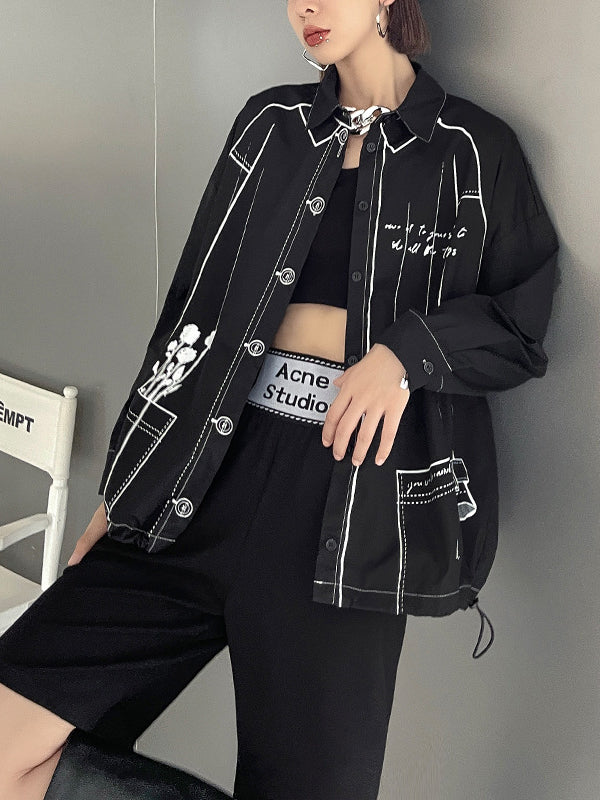 Casual Contrast Color Printed Drawstring Blouse Top