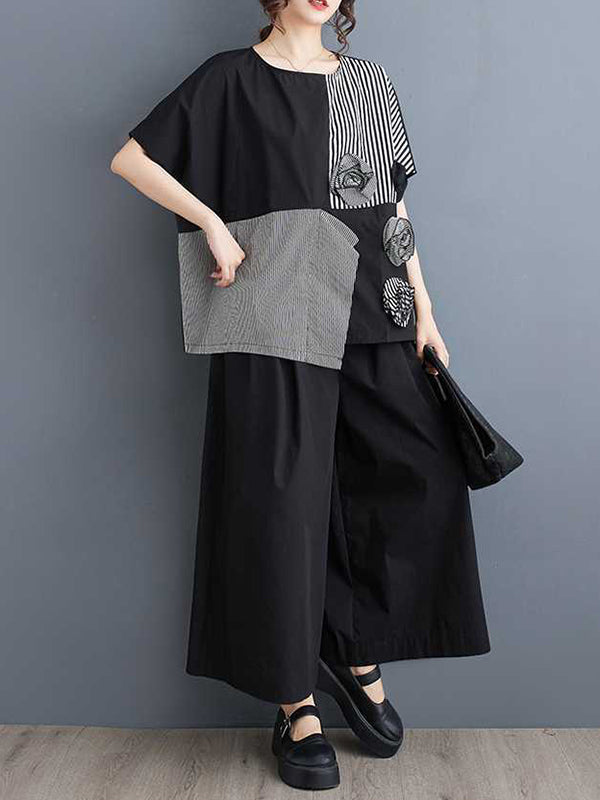 Asymmetric Split-Front Split-Joint Striped Three-Dimensional Flower Loose Short Sleeves Round-Neck T-Shirts Tops