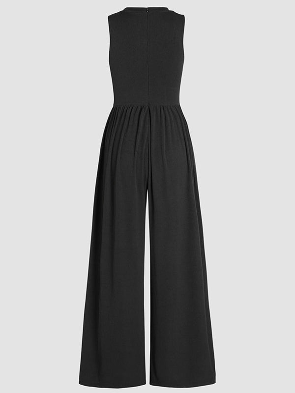 Pockets Solid Color High Waisted Loose Round-Neck Jumpsuits