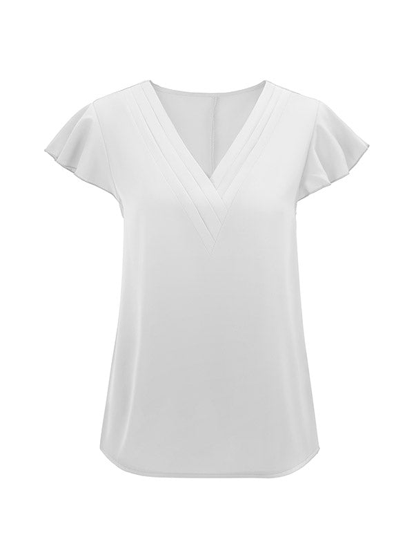 Ruffled Solid Color Loose Short Sleeves V-Neck T-Shirts Tops