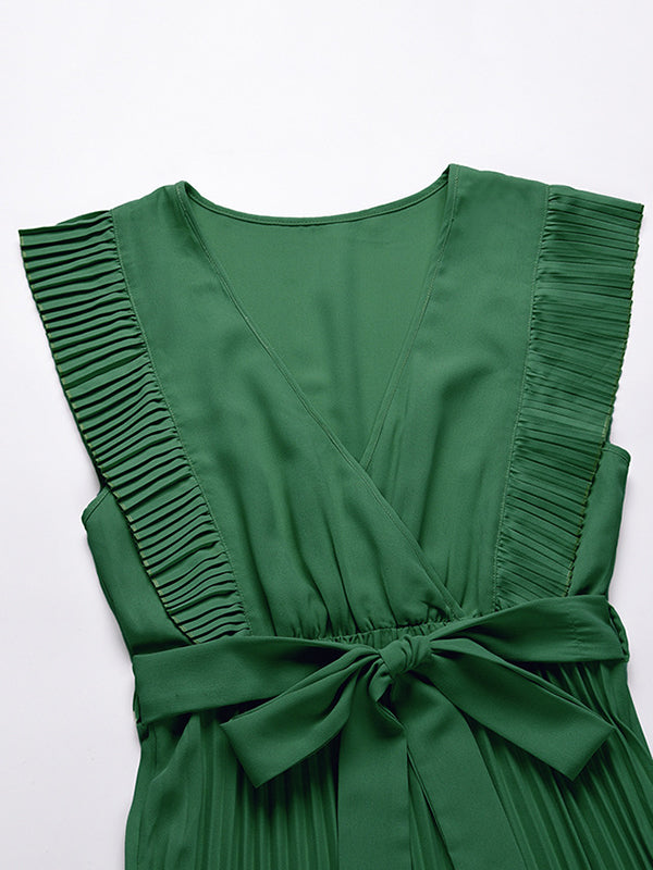 Floral Pleated Solid Color Split-Joint Tied Waist Loose Sleeveless V-Neck Maxi Dresses