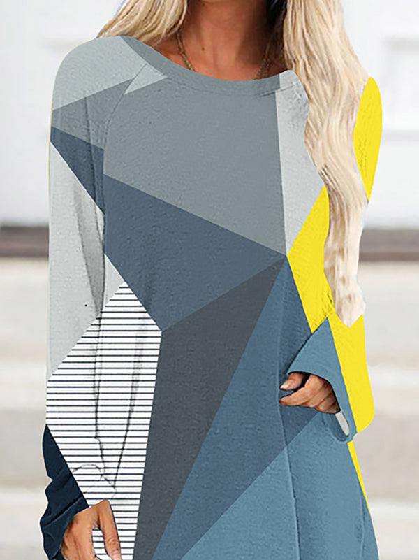 Plaid Printed High-low Long Sleeves Round-neck T-Shirts Tops