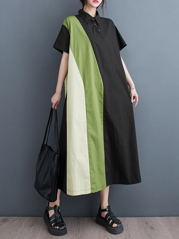 Multi-Colored Loose Short Sleeves Polo Midi Dresses
