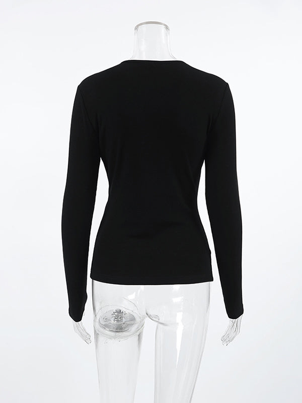 Asymmetric Buttoned Hollow Solid Color Split-Joint False Two Long Sleeves Round-Neck T-Shirts Tops