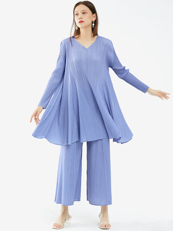Urban Pleated Solid Color V-Neck Long Sleeves T-Shirt&Flared Pantstwo Pieces Set