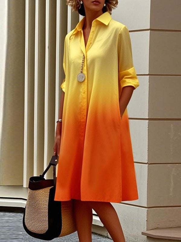 Long Sleeves Loose Buttoned Contrast Color Gradient Lapel Midi Dresses Shirt Dress