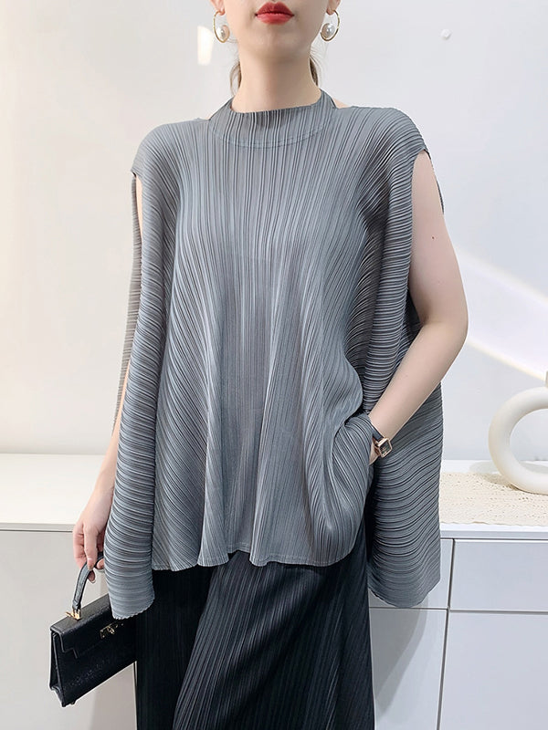 Pleated Solid Color Loose Sleeveless Halter-Neck T-Shirts Tops