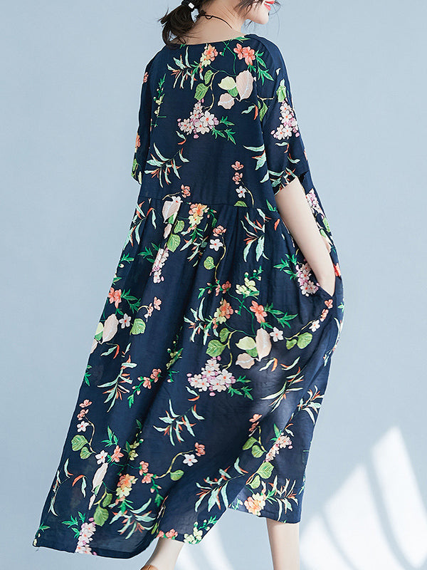 Flower Print A-Line Loose Round-Neck Midi Dresses
