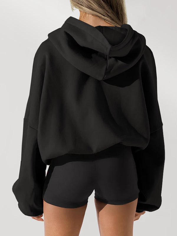 Drawstring Pockets Solid Color Zipper Hooded Long Sleeves Outerwear Jackets