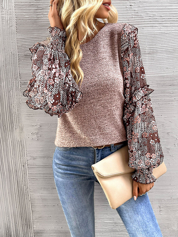 Flower Print Split-Joint Long Sleeves Loose Round-neck Blouses&shirts Tops