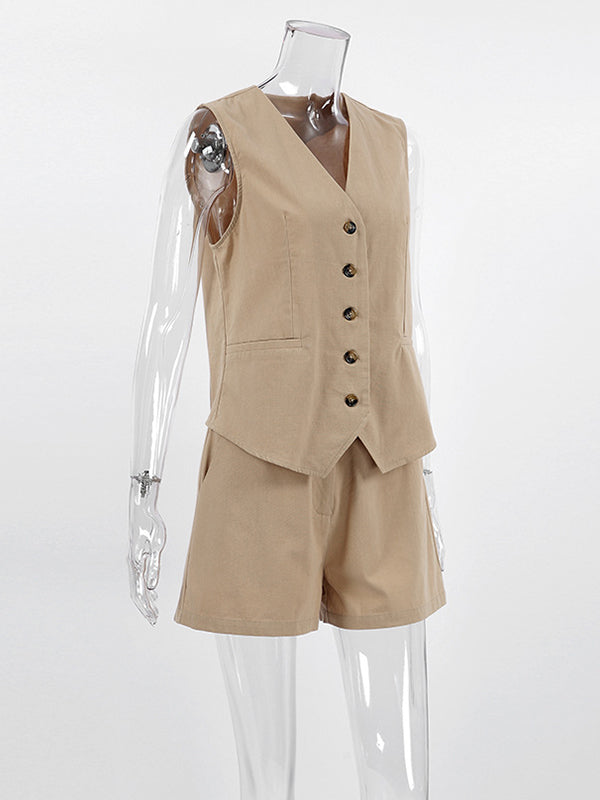 Sleeveless Buttoned Loose Pockets V-Neck Vest Top + Shorts Bottom Two Pieces Set