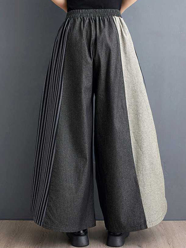 Elasticity Pockets Split-Joint Striped High Waisted Loose Trousers Pants