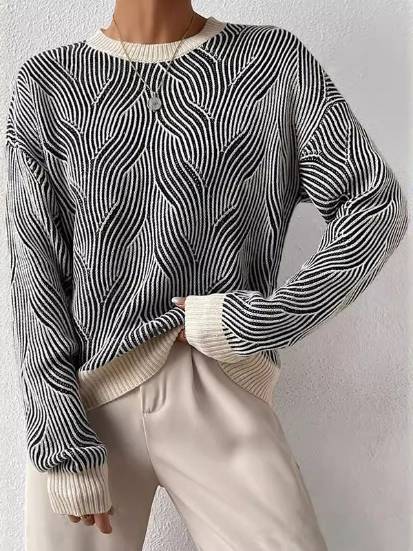 Contrast Color Split-Joint Striped Long Sleeves Loose Round-Neck Sweater Tops Pullovers