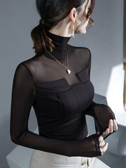 See-Through Solid Color Split-Joint Long Sleeves Skinny High Neck Blouses&Shirts Tops