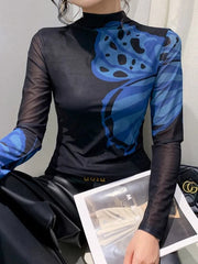 Butterfly Print Split-Joint Long Sleeves Skinny Mock Neck T-Shirts Tops