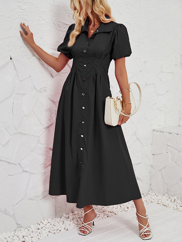 Pleated Split-Joint Loose Puff Sleeves Lapel Shirt Dress Maxi Dresses