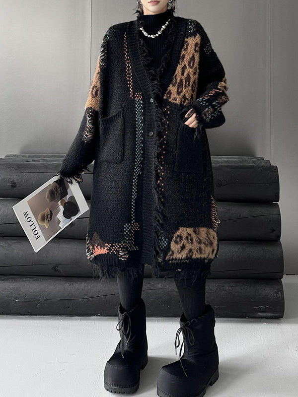 Asymmetric Buttoned Contrast Color Leopard Pockets Split-Joint Hipster Long Sleeves V-Neck Cardigan Tops
