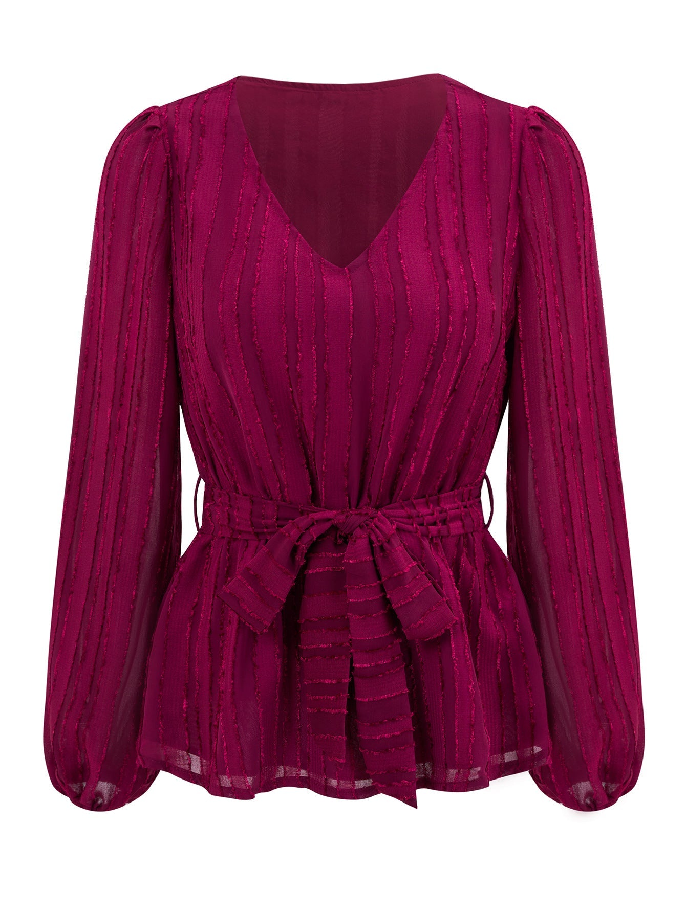 Elasticity Solid Color Tied Waist Long Sleeves Loose V-Neck T-Shirts Tops