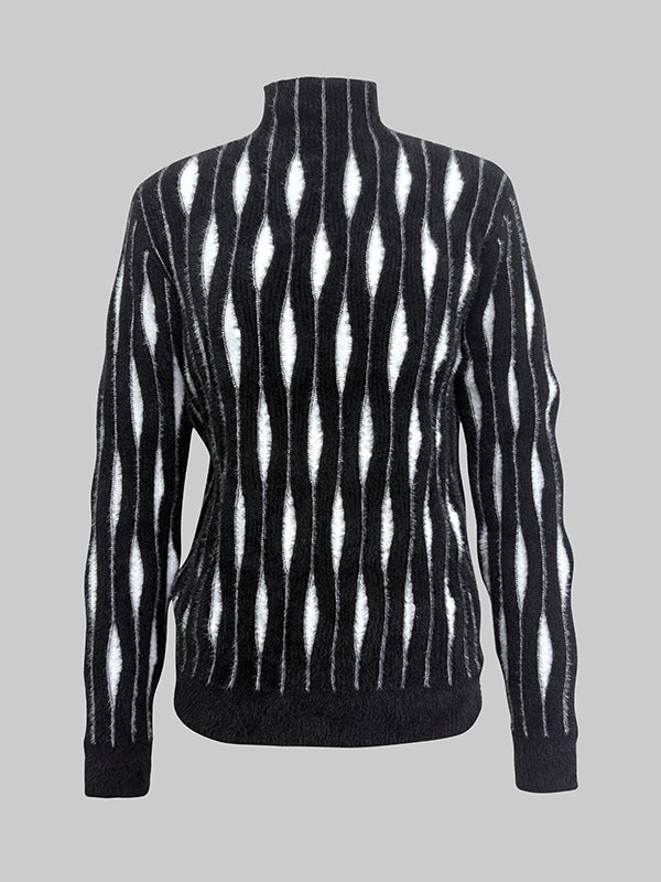 Contrast Color Long Sleeves High-Neck Sweater Tops