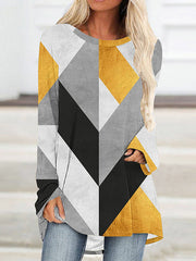 Plaid Printed High-low Long Sleeves Round-neck T-Shirts Tops